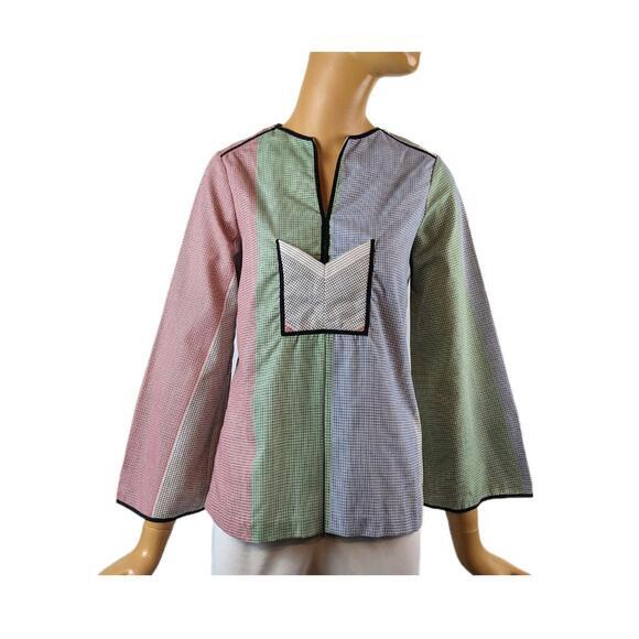 Tops - Bugaboo 70s cotton flare sleeve blouse geometric multicolor front pocket pull on